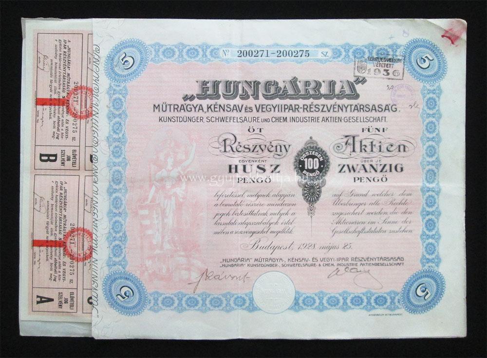 Hung�ria M�tr�gya K�nsav �s Vegyiipar r�szv�ny 5x20 peng� 1928